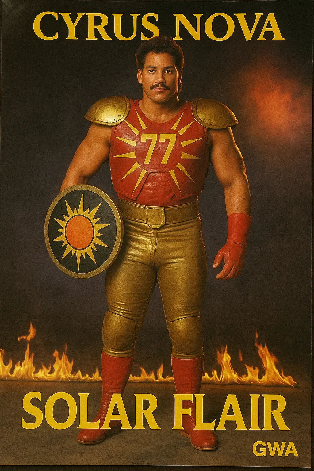 Cyrus Nova stands in wrestling attire with gold shoulder armor, red and gold chest plate numbered 77, holding a sun-emblazoned shield, surrounded by flames.