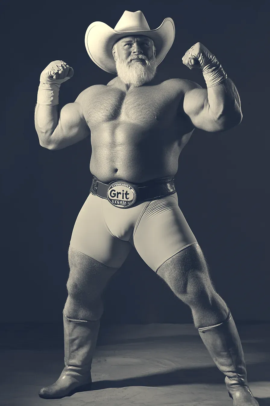 "Grit" Garrett Carter flexes in wrestling attire with championship belt, cowboy hat, and boxing wraps against dark background.