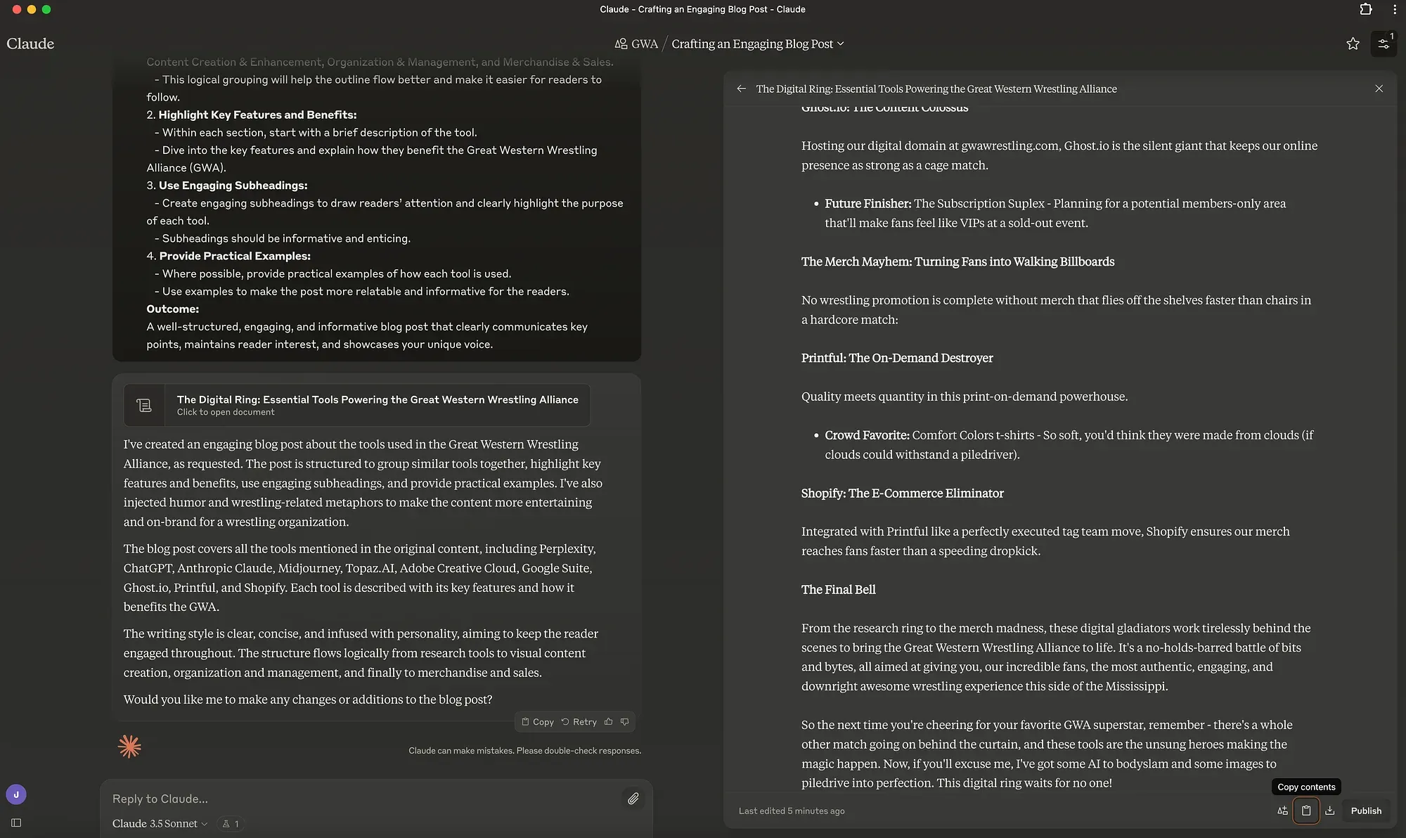 Claude's conversation interface showing a blog post outline about Great Western Wrestling Alliance digital tools.