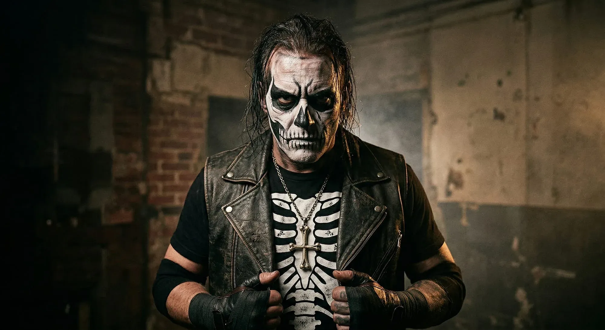 Billy "The Kid" Carson in skull face paint and leather vest with skeleton design, standing in an industrial brick setting.