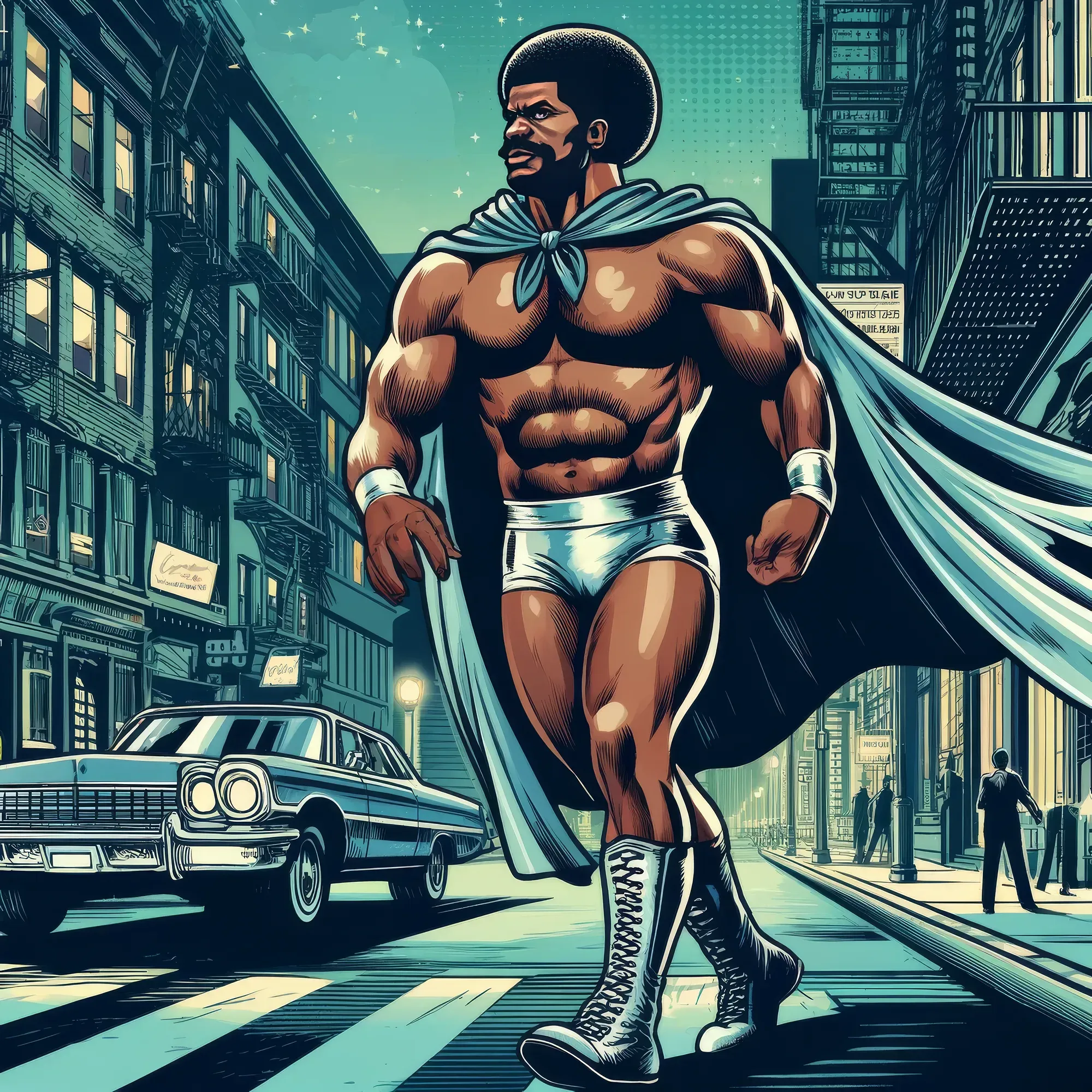 Muscular wrestler in teal cape and white boots stands confidently on a 1950s city street with vintage car and buildings.