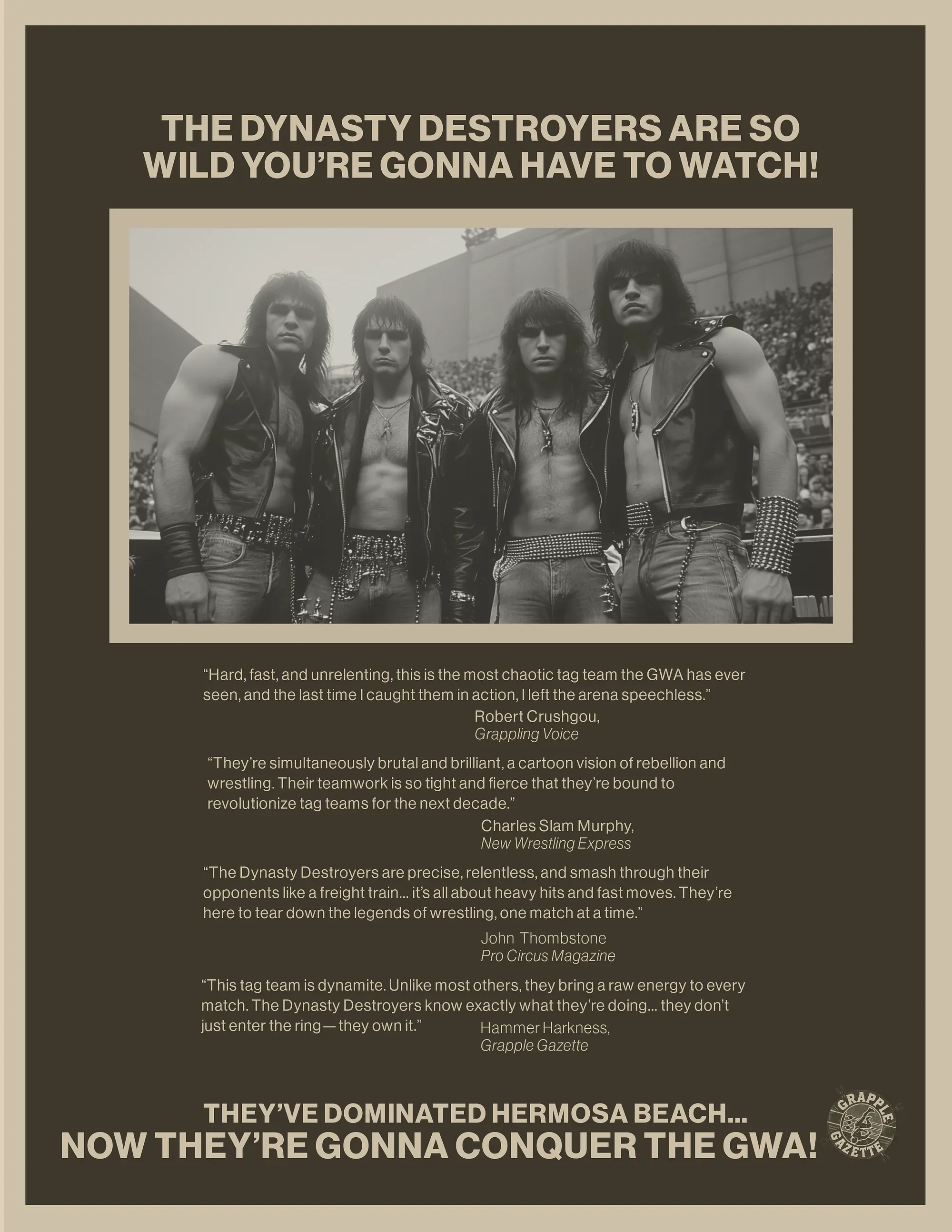 Five shirtless male wrestlers in studded belts and leather vests pose together in a black and white stadium photograph from the 1970s.