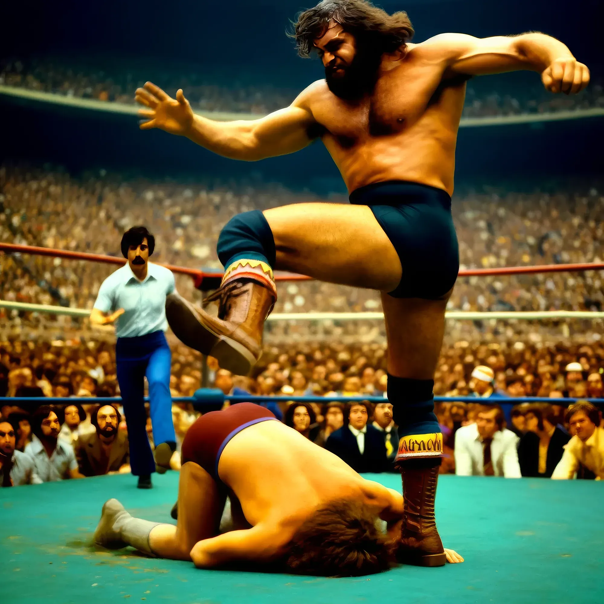 Mark Jensen performs a flying kick against a downed opponent in a crowded wrestling ring during the 1970s era.