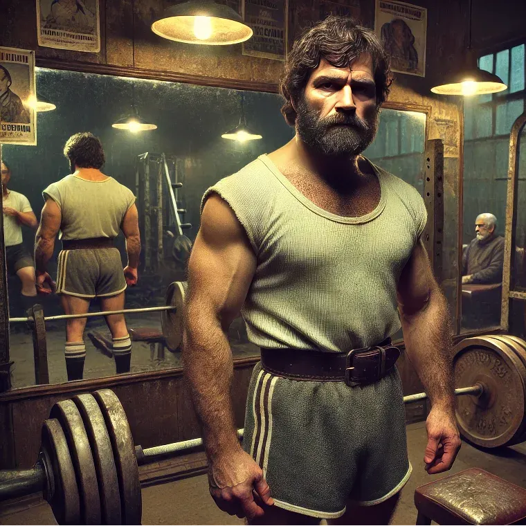 "Ironside" Ivan Gregorovich stands in a vintage gym holding a dumbbell, wearing a sleeveless shirt and shorts with a lifting belt.