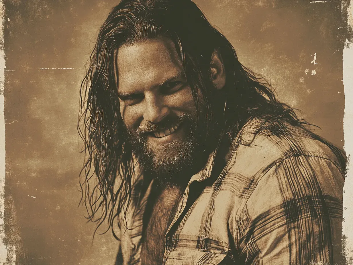 Mosh Morrison with long dark hair and beard, wearing a light plaid shirt, smiling downward against a sepia-toned background.
