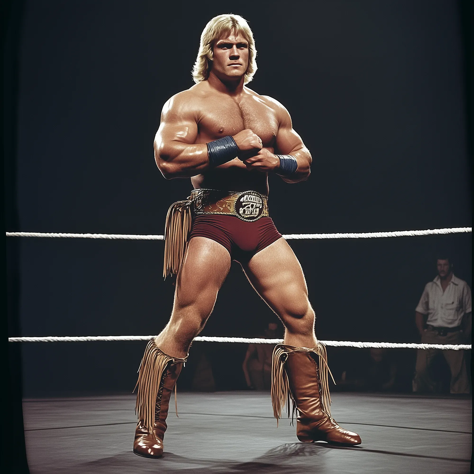 Sam Frontier flexes in a wrestling ring wearing maroon trunks, fringed boots, and a championship belt, with blonde hair and a serious expression.