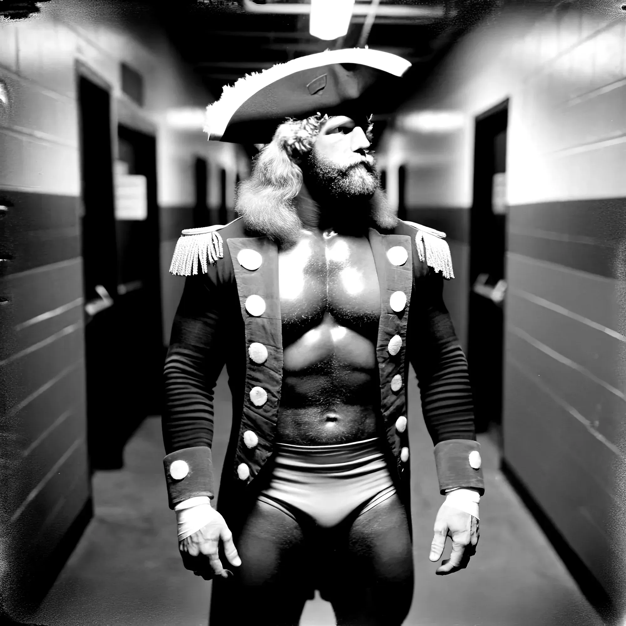 The Outlaw Jesse Hawkins stands in a corridor wearing a ornate military-style jacket with epaulettes and white buttons over bare chest, bicorn hat, and beard.