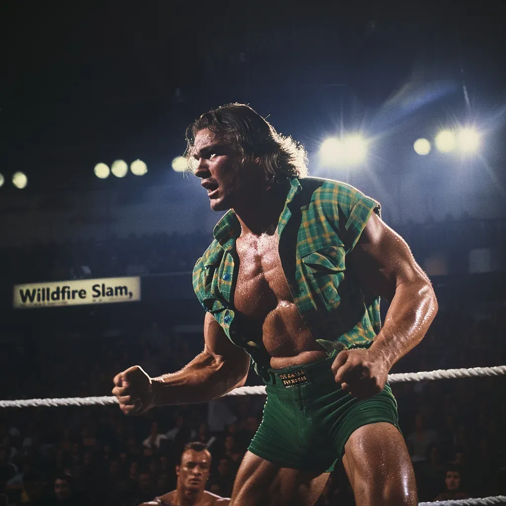 "Canyon" Carl Henderson in green and gold plaid shirt and trunks, flexing in wrestling ring under bright lights at Wildfire Slam event.
