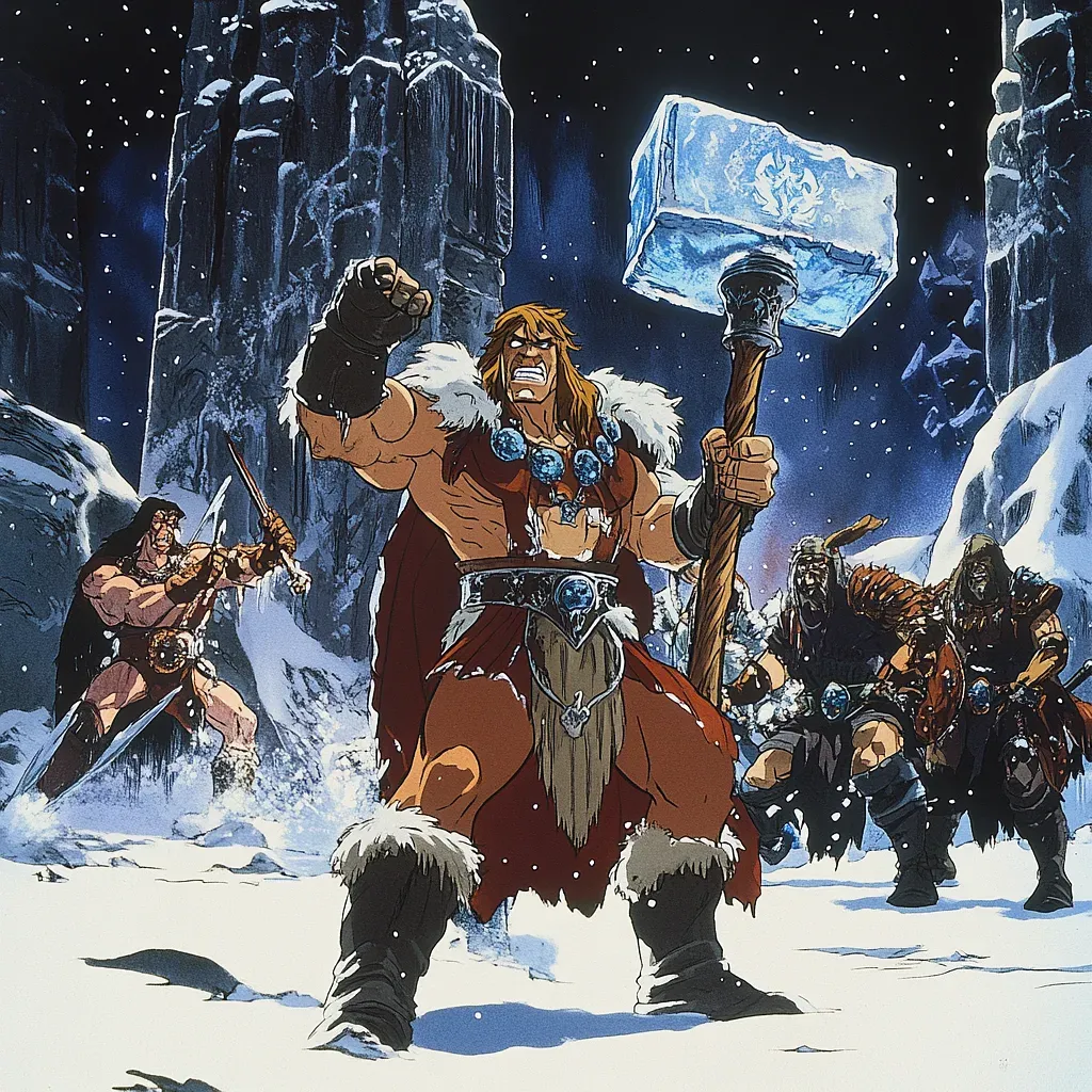 Kroval stands triumphantly in snowy mountains holding an icy axe, flanked by warriors, wearing a fur-trimmed costume with ornate belt.