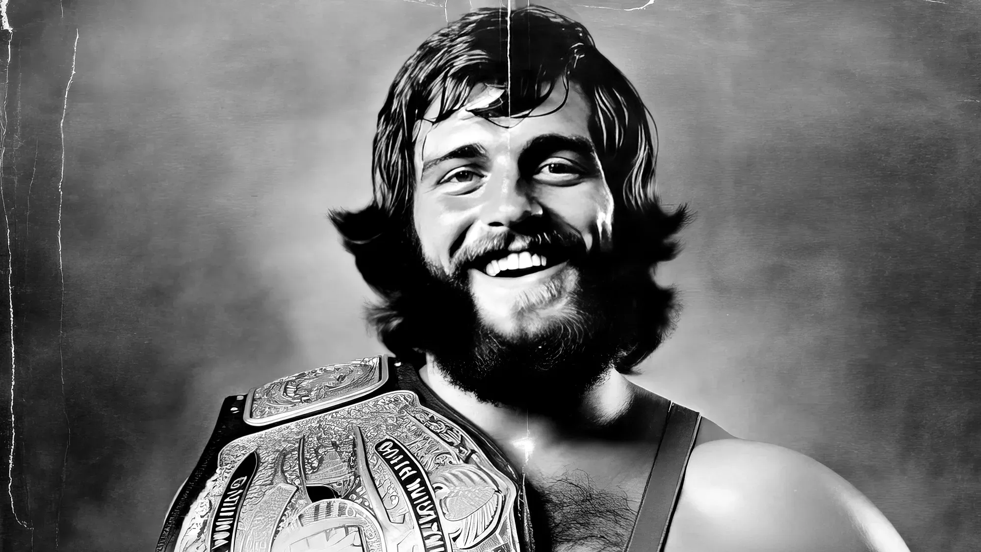 The Outlaw Jesse Hawkins smiling at camera while wearing a ornate GWA World Heavyweight Championship belt in a black and white portrait.