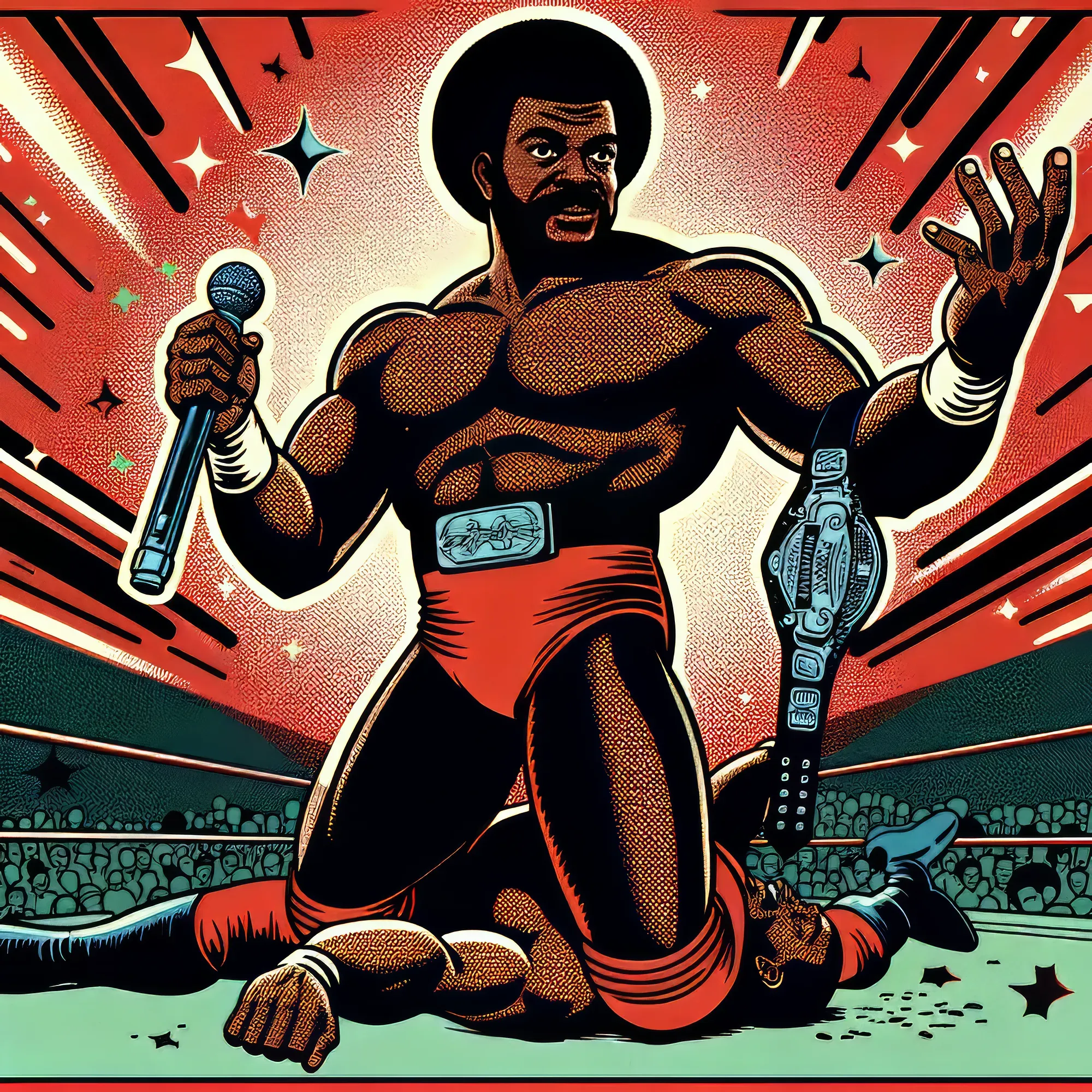 Muscular wrestler in red shorts and championship belt kneeling in boxing ring with microphone and raised fist, vintage poster style illustration.