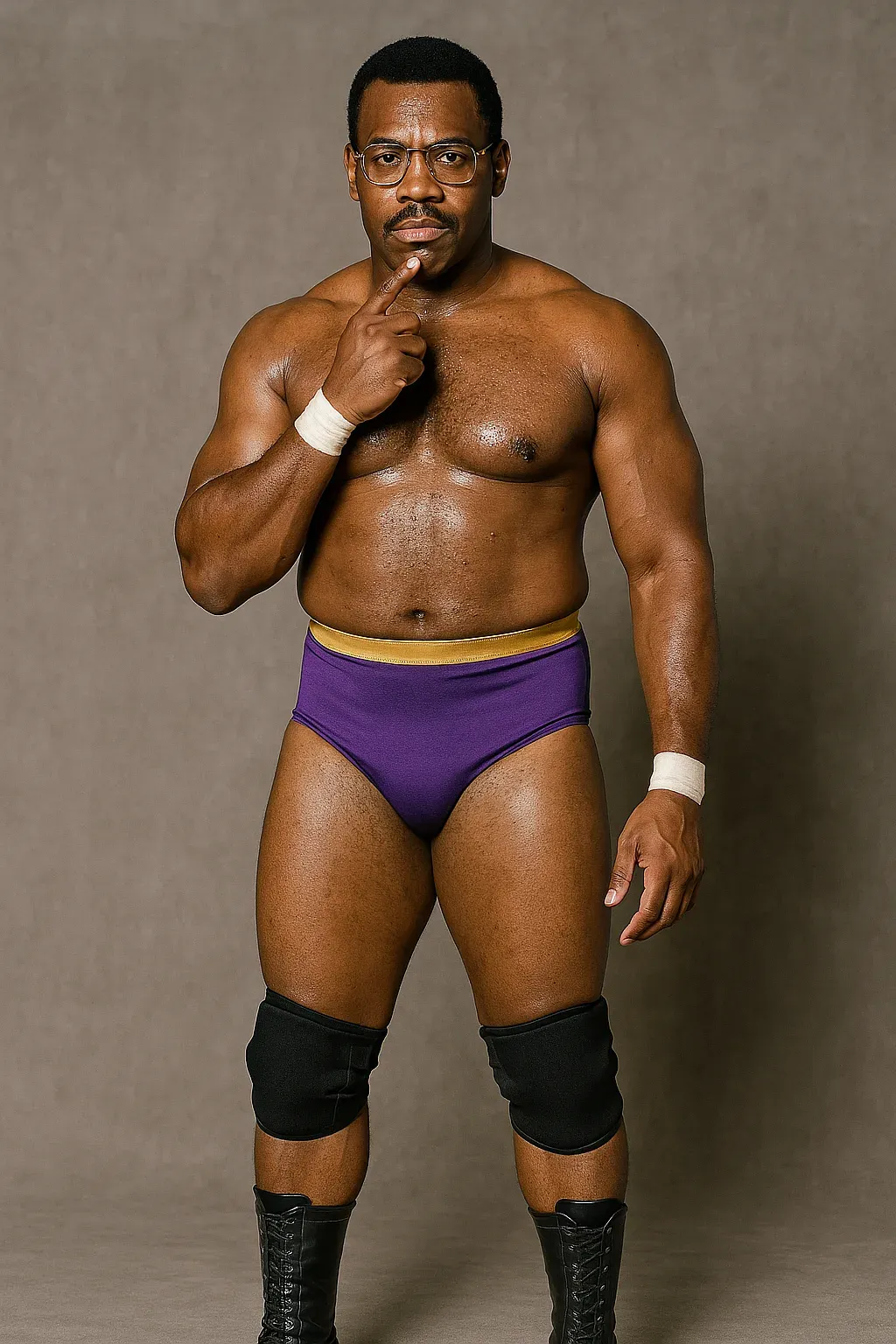 Desmond Blackwell stands in a wrestling pose wearing purple briefs with yellow waistband, black boots, wrist tape, and glasses against a neutral background.
