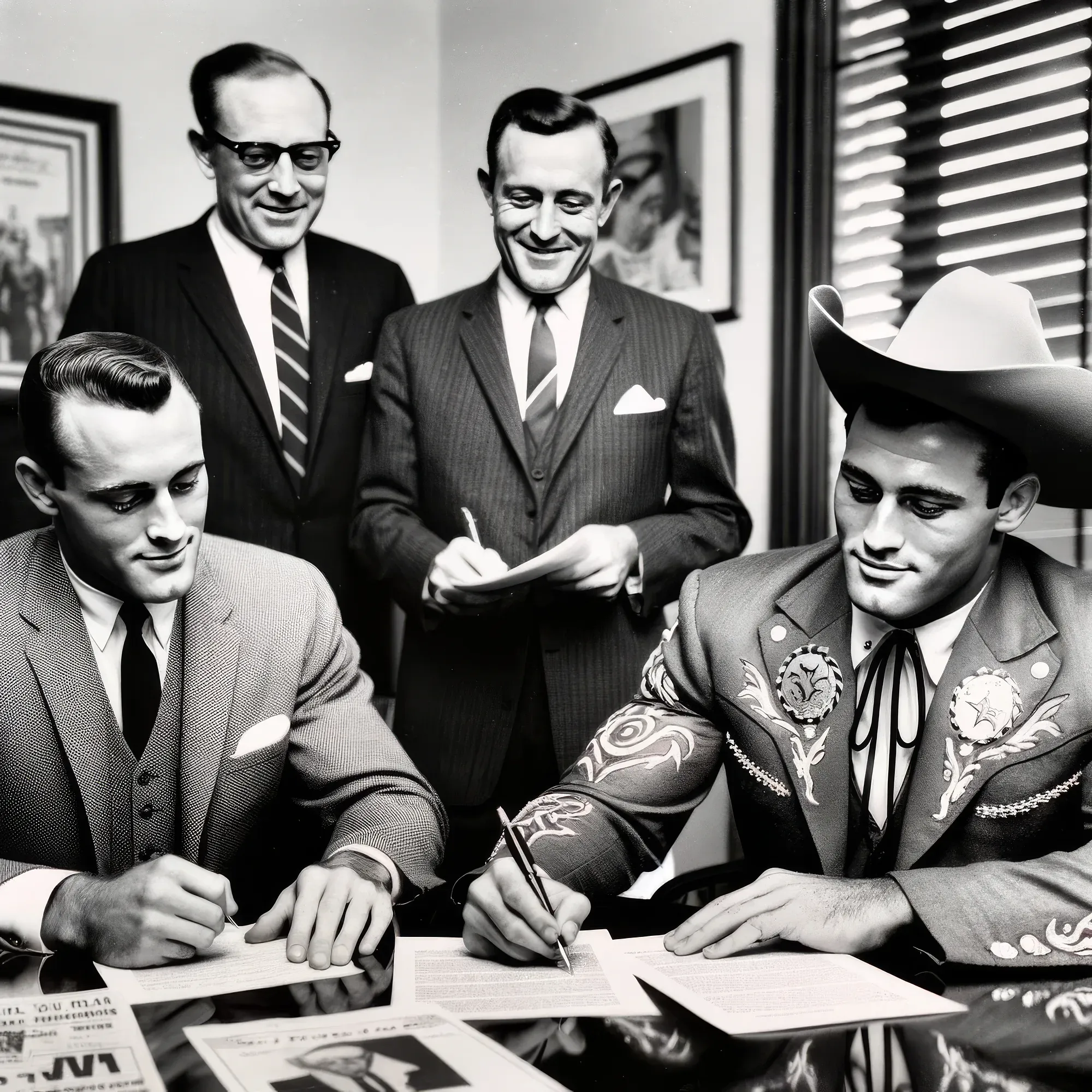 "Redwoods" Jack Carson and another wrestler in ornate Western-style jacket signing a contract at a table while two men in business suits observe in an office setting.