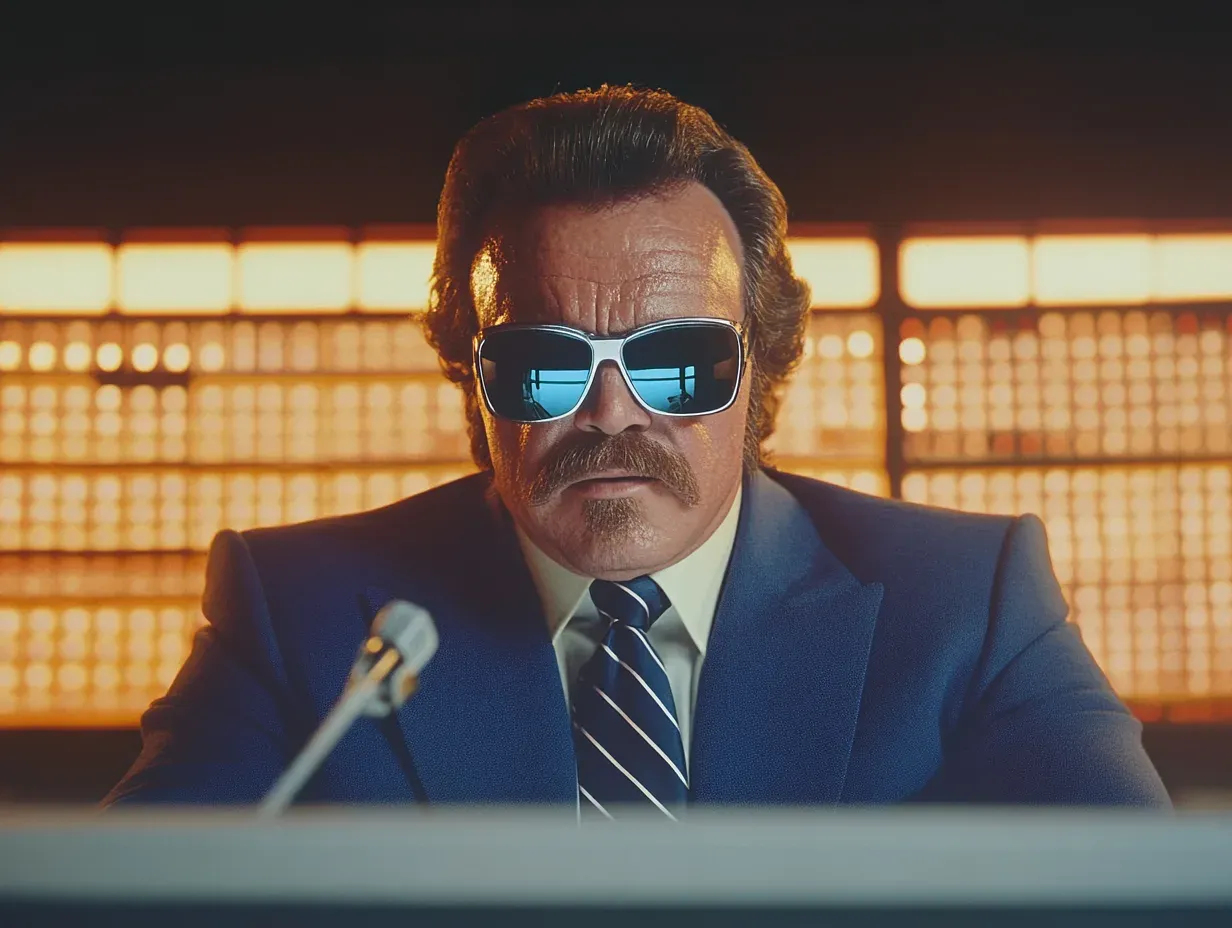 Marcus Valentine wearing sunglasses and blue suit at microphone with illuminated backdrop behind him.