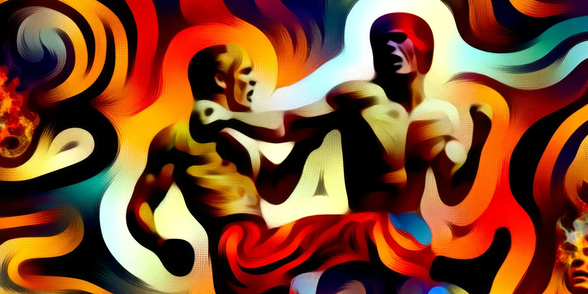 Two shirtless wrestlers in red trunks face each other with fists raised against a vibrant background of swirling orange, yellow, and red flames.