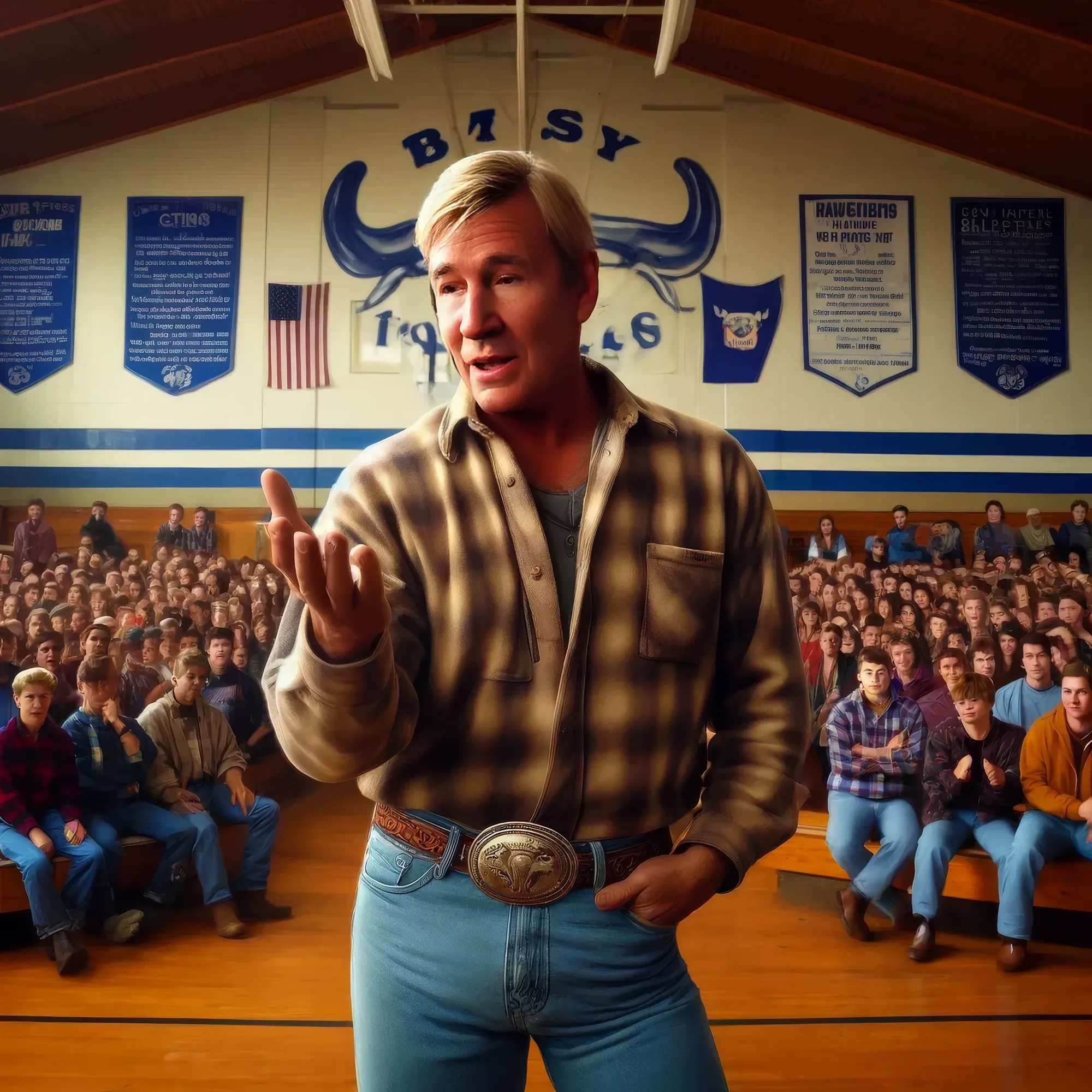 "Big Sky" Billy Thompson in tan jacket and belt buckle addresses Montana teenagers in a school gymnasium with bull logo, 1993.