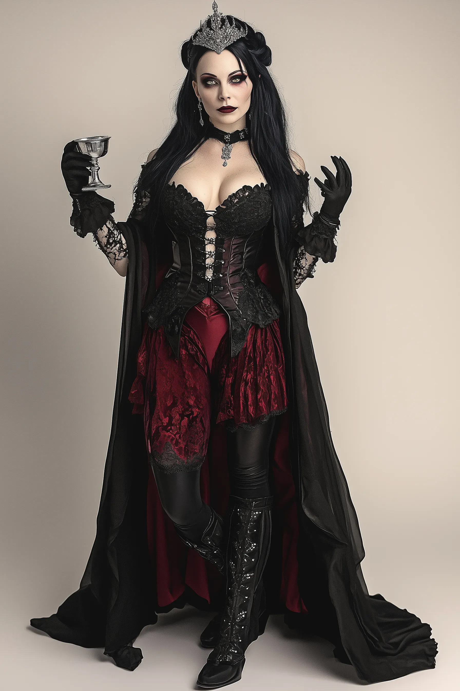 Vera Nocturne in gothic black and red wrestling attire with tiara, holding a goblet, against neutral background.