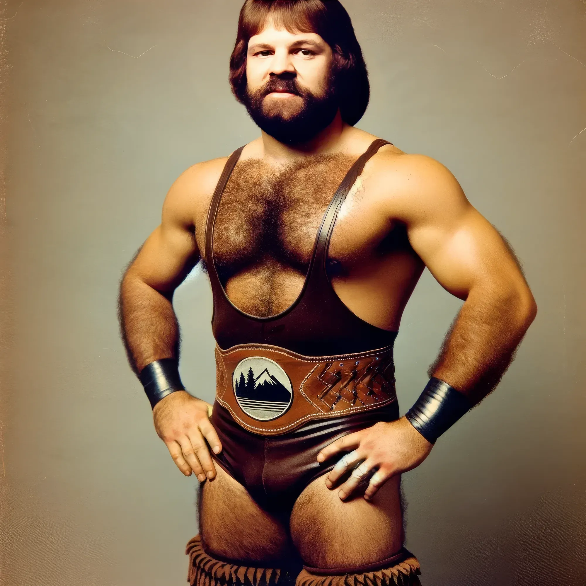 Bearded wrestler in black singlet and brown leather championship belt with mountain logo, wearing wrist bands, hands on hips against neutral background.