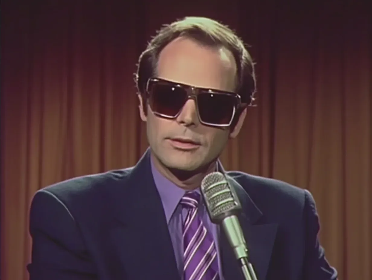 Man in dark suit and purple striped tie wearing large dark sunglasses holds microphone against red curtain backdrop.