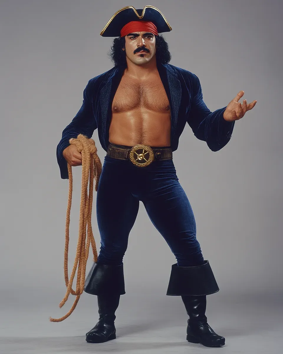 El Bucanero stands shirtless in a blue velvet jacket and pants with black boots, wearing a tricorn hat and gold belt buckle, holding a coiled rope.