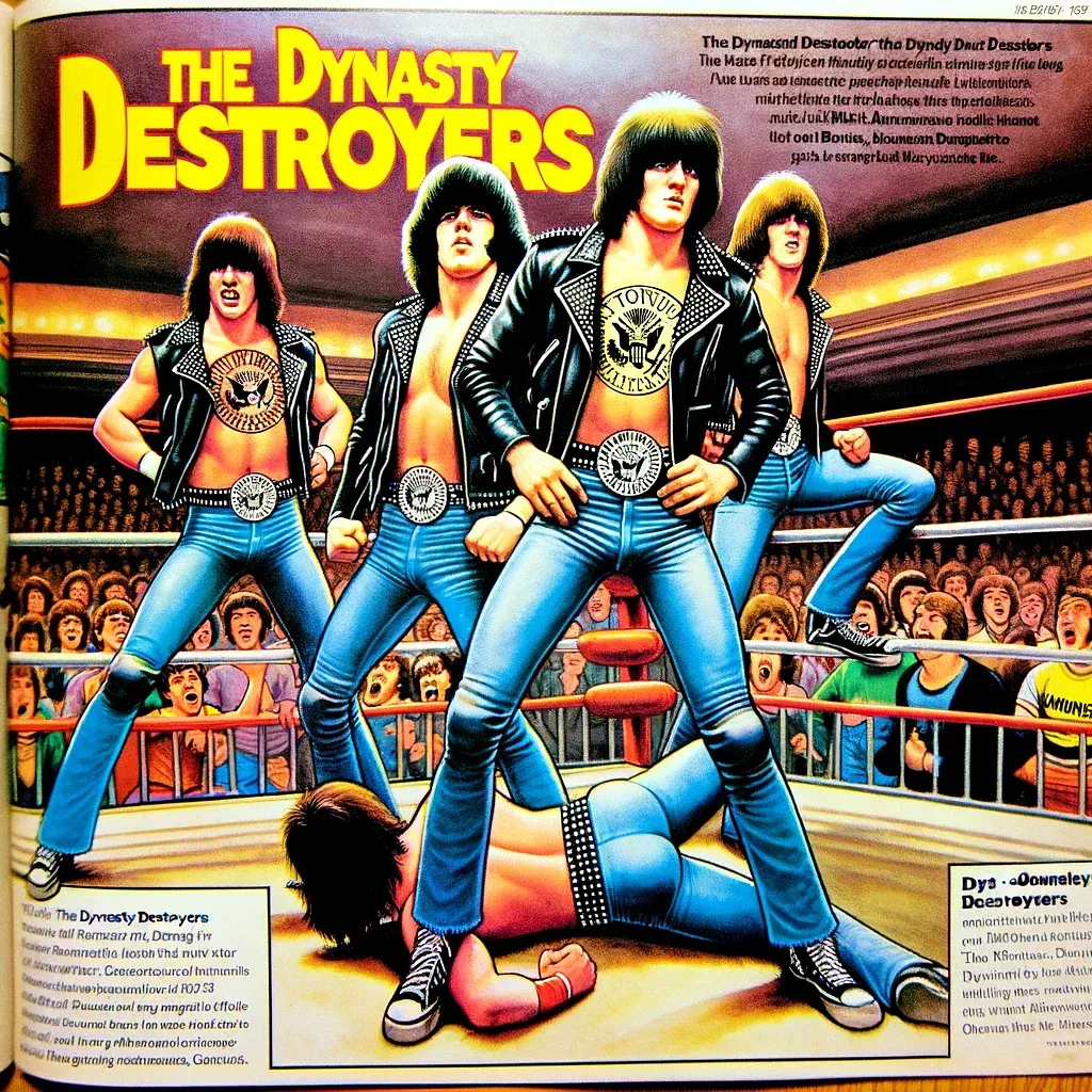 Dynasty Destroyers wrestling team of four men in black leather jackets and blue jeans posing in a wrestling ring with crowd in background.