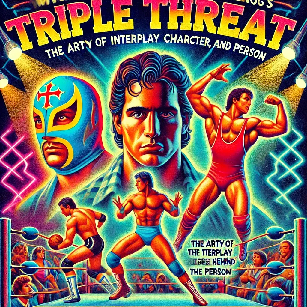 Vintage wrestling poster featuring three muscular wrestlers in colorful costumes with a luchador mask, spotlit against neon backgrounds and crowd scenes.