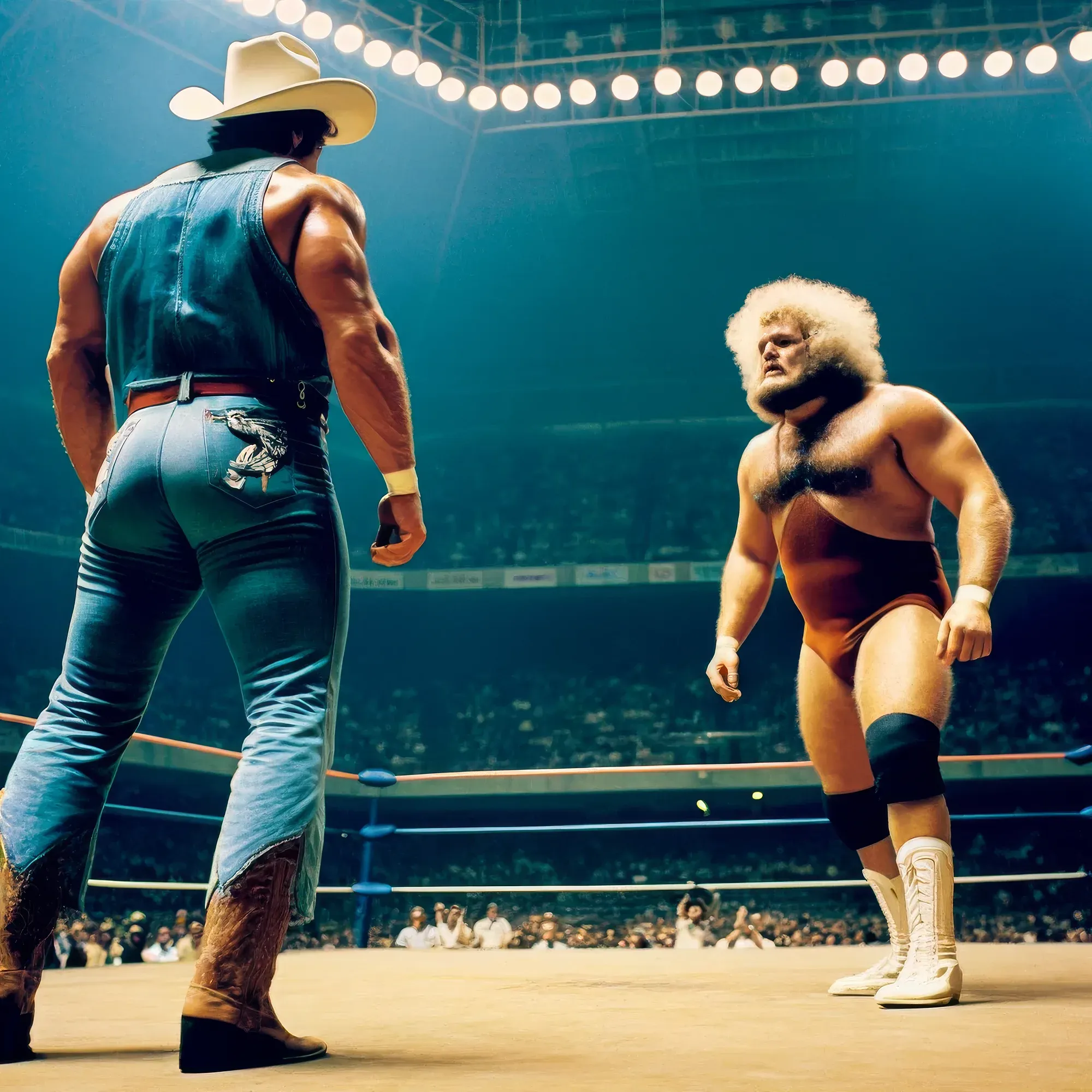 Big Sky Billy Thompson in cowboy hat faces off against Bayou Benny in a wrestling ring under arena lights, 1972.
