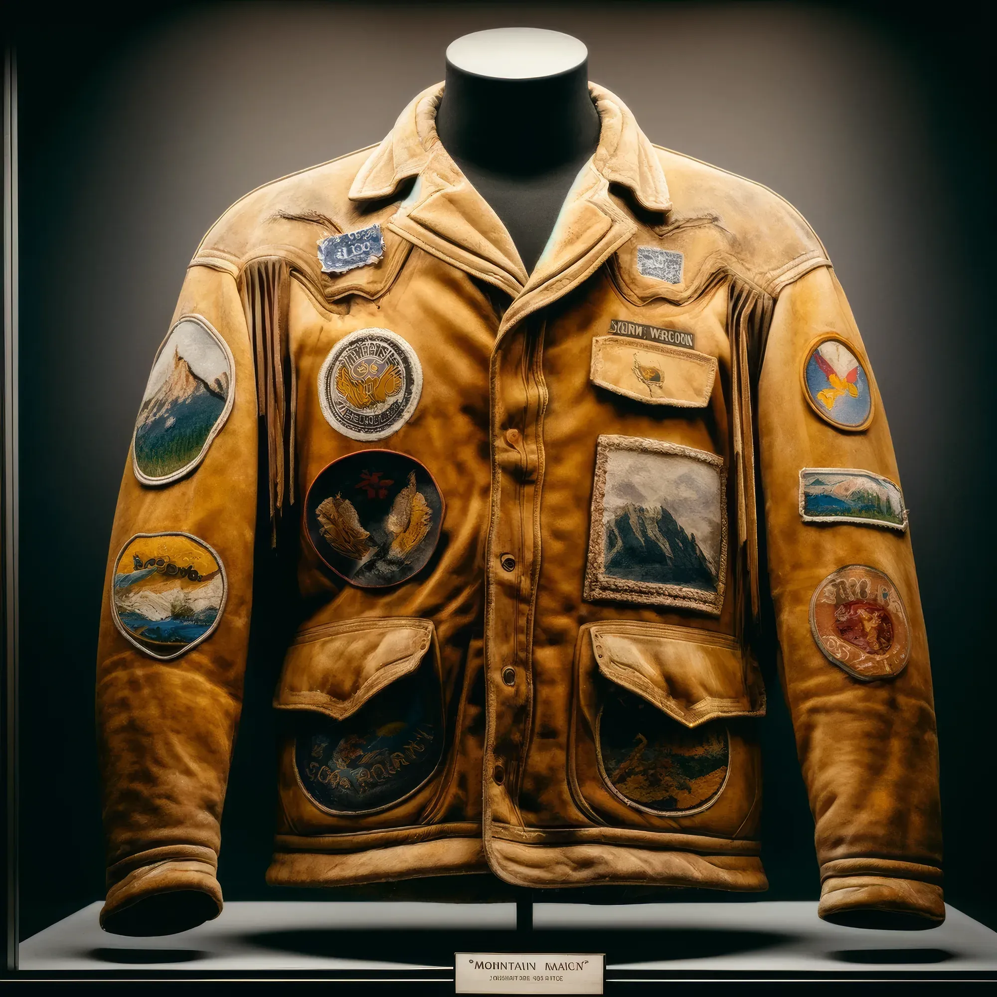 Tan leather jacket with multiple embroidered patches and circular medallions displayed on mannequin, labeled "Mountain Maign."