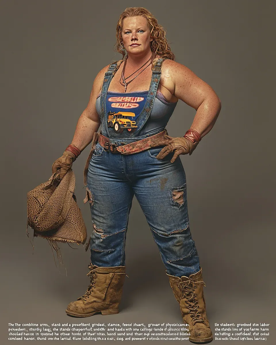 Clara McCready stands in a wide stance wearing denim overalls with a truck graphic, leather boots, and work gloves, holding a burlap sack against a gray background.