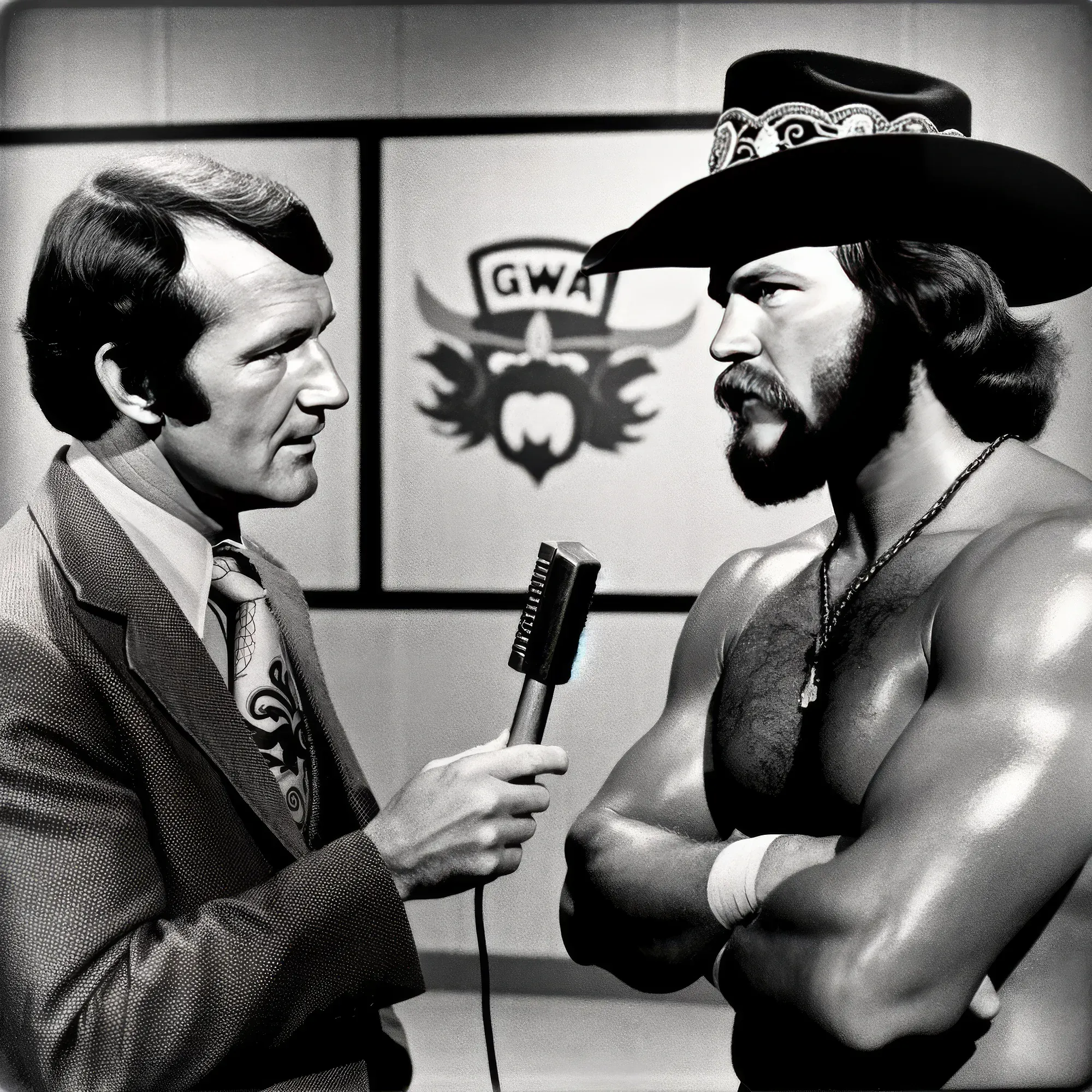 Charlie Reynolds in suit holding microphone interviews shirtless Outlaw Hawkins in cowboy hat on Wrestling Junction set.