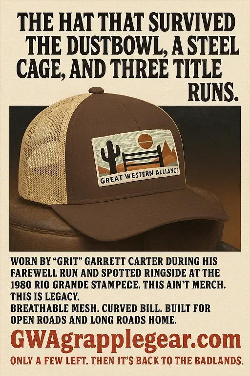 Brown and tan mesh trucker cap with Great Western Alliance desert landscape patch displayed against tan background.