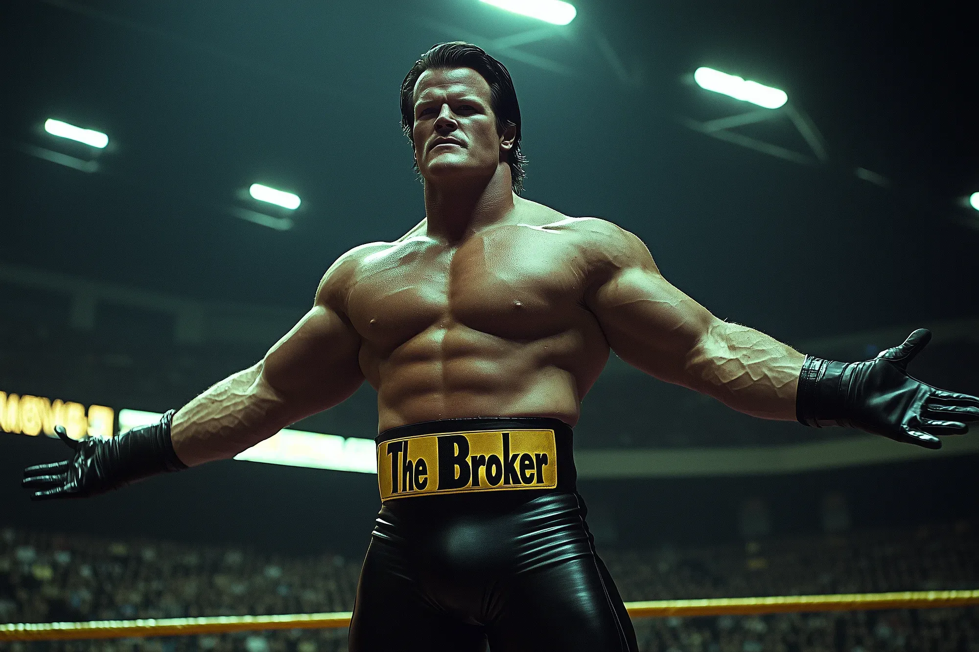 Muscular wrestler with long dark hair wearing black pants with "The Broker" gold belt, arms outstretched in wrestling ring under bright lights.
