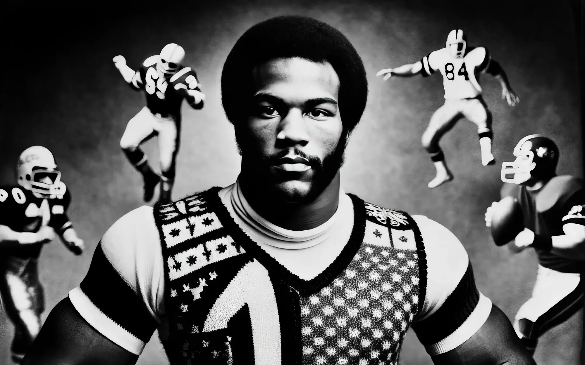 Black and white portrait of "Gridiron" Gregory Harris in patterned wrestling attire, centered with football players in action poses surrounding him.