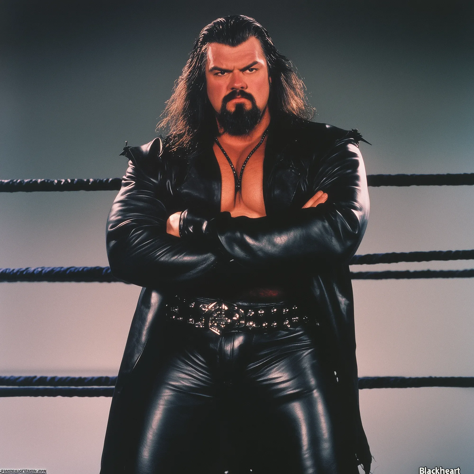 Brad Boone "The Blackheart" stands with arms crossed in a black leather coat and studded belt against a wrestling ring backdrop.