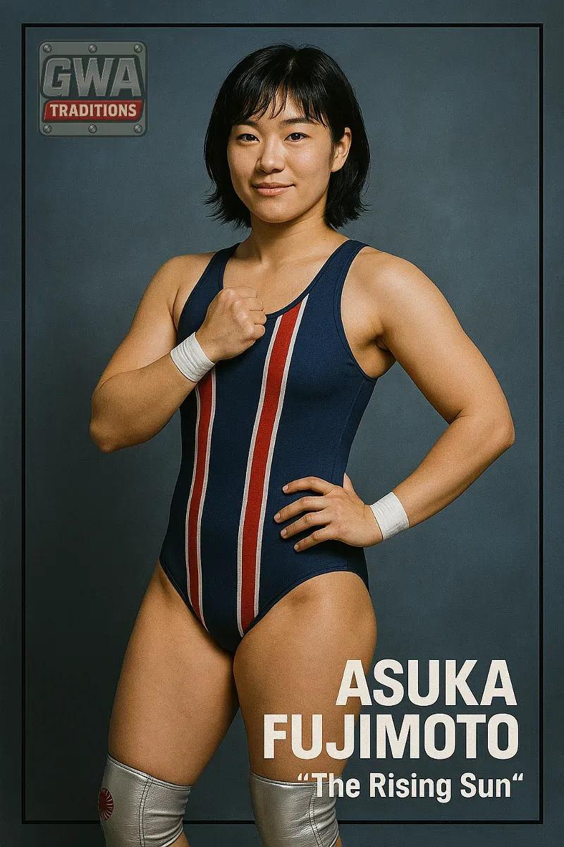 Asuka Fujimoto in navy wrestling singlet with red stripes, white wrist tape and boots, posed against gray background.