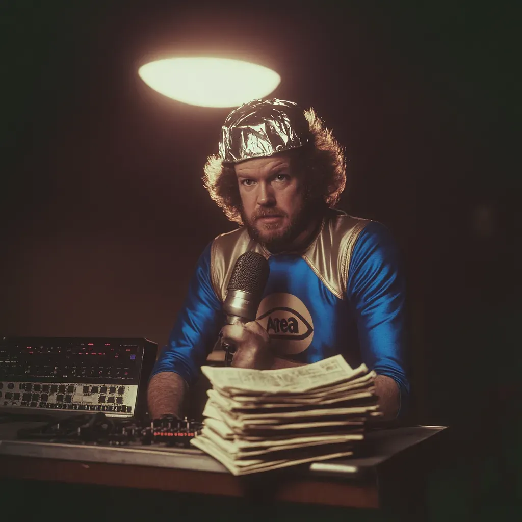 Area51 wrestler in blue jacket and silver headgear holds microphone at desk with papers and keyboard under overhead light.