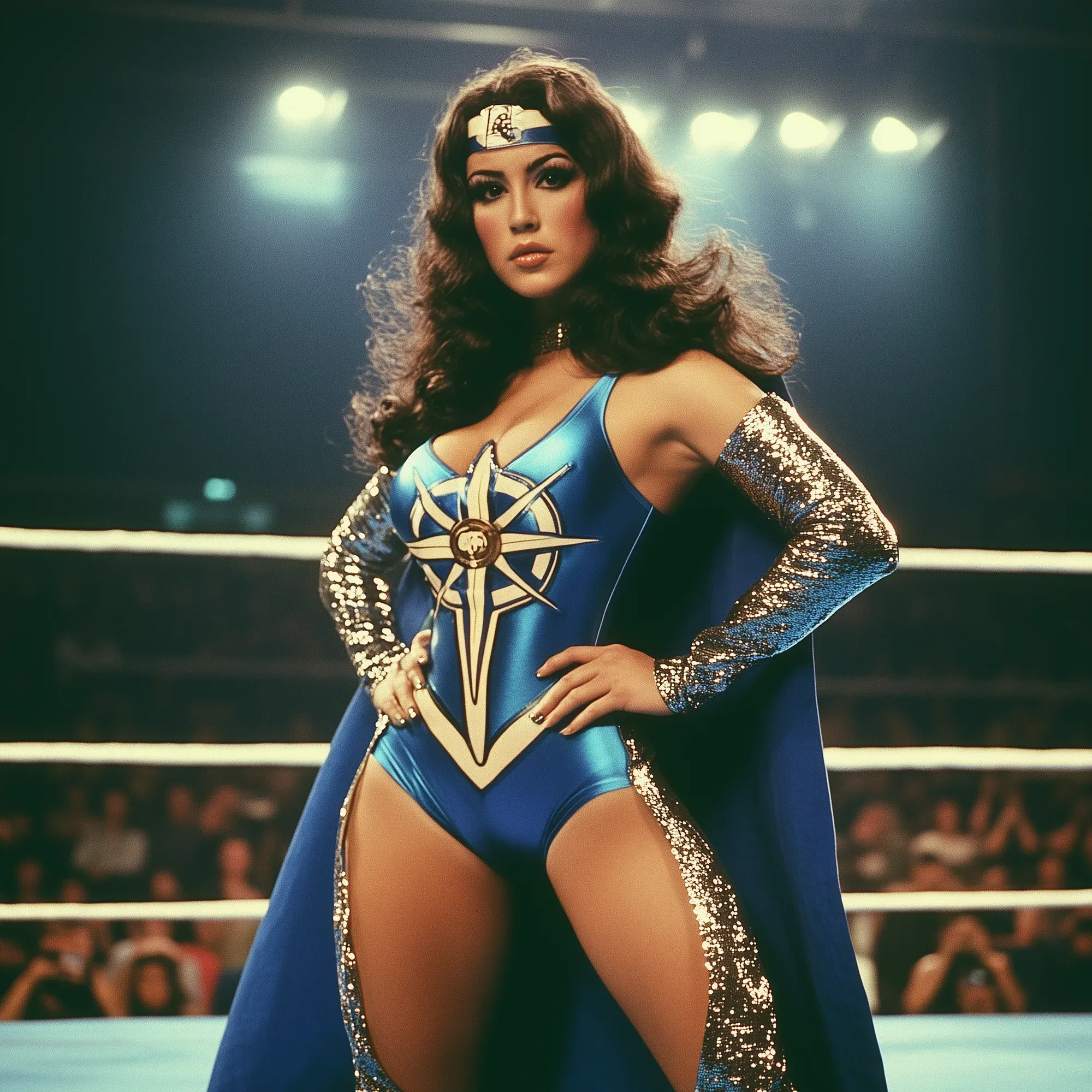 Sapphire Seabrook poses in a blue and gold wrestling outfit with cape and headband in a professional wrestling ring.