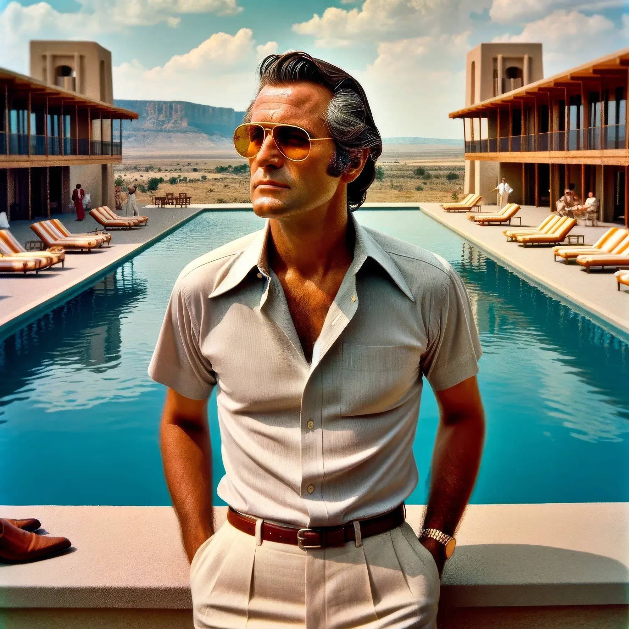 "Redwoods" Jack Carson standing poolside in cream-colored shirt and pants, wearing aviator sunglasses, with modernist resort buildings and desert landscape behind him.