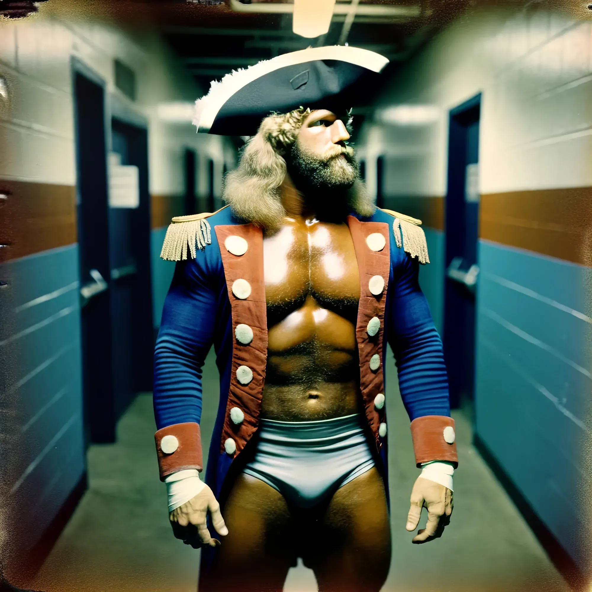 Jesse Hawkins stands in a hallway wearing a blue and brown naval-style wrestling costume with epaulettes, facing the camera with a stern expression and full beard.
