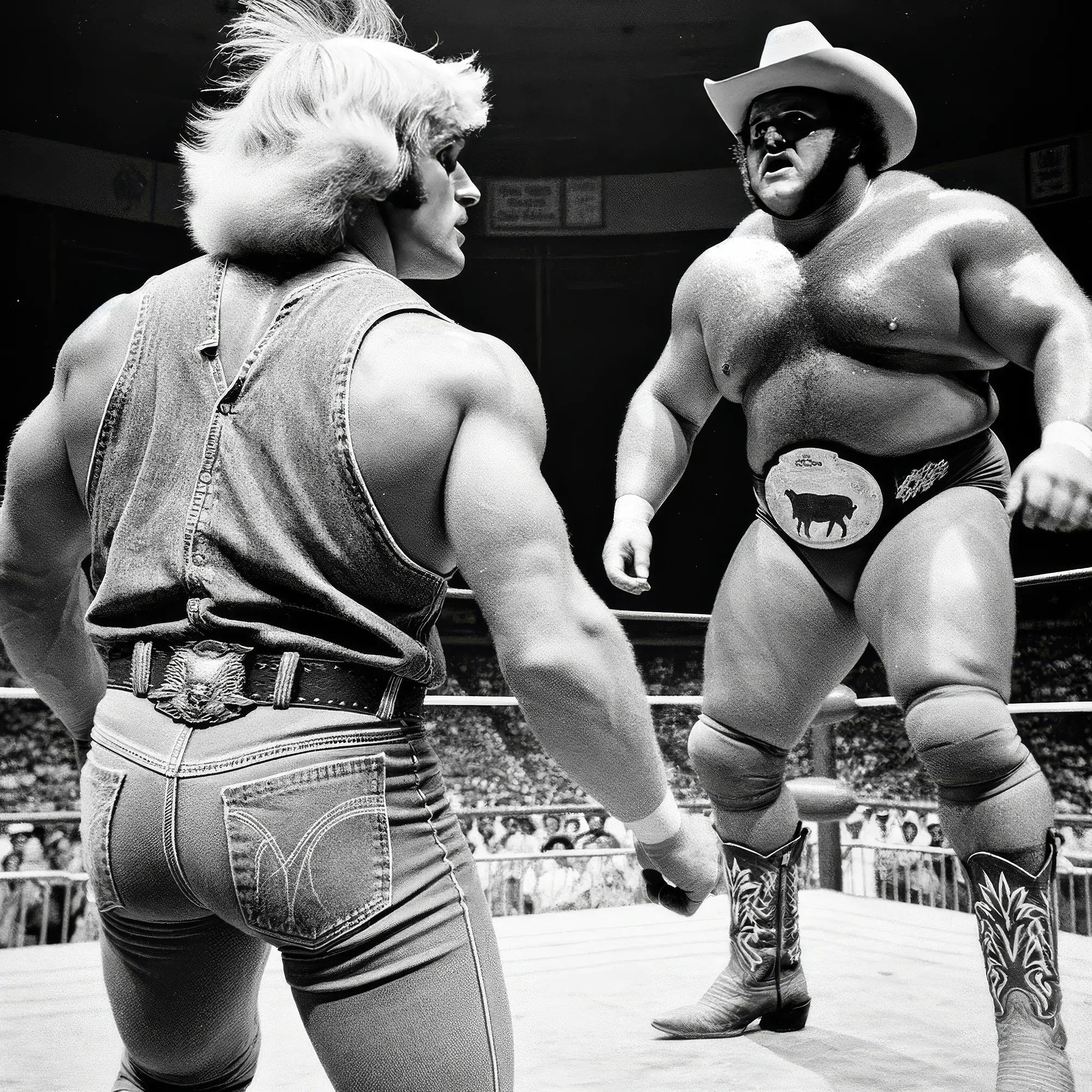 Big Sky Billy Thompson faces off against Vicious Vinny in a wrestling ring, both in wrestling attire with championship belts, circa 1970s.