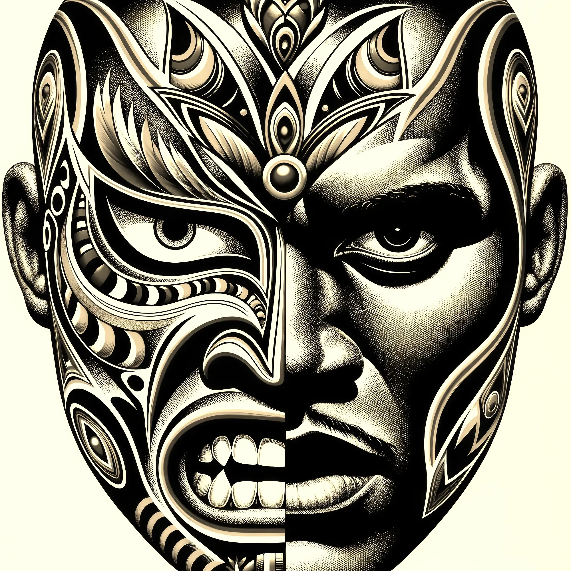Ornate wrestling mask split between elaborate gold and black design on left and human face on right, showing bared teeth and intense expression.
