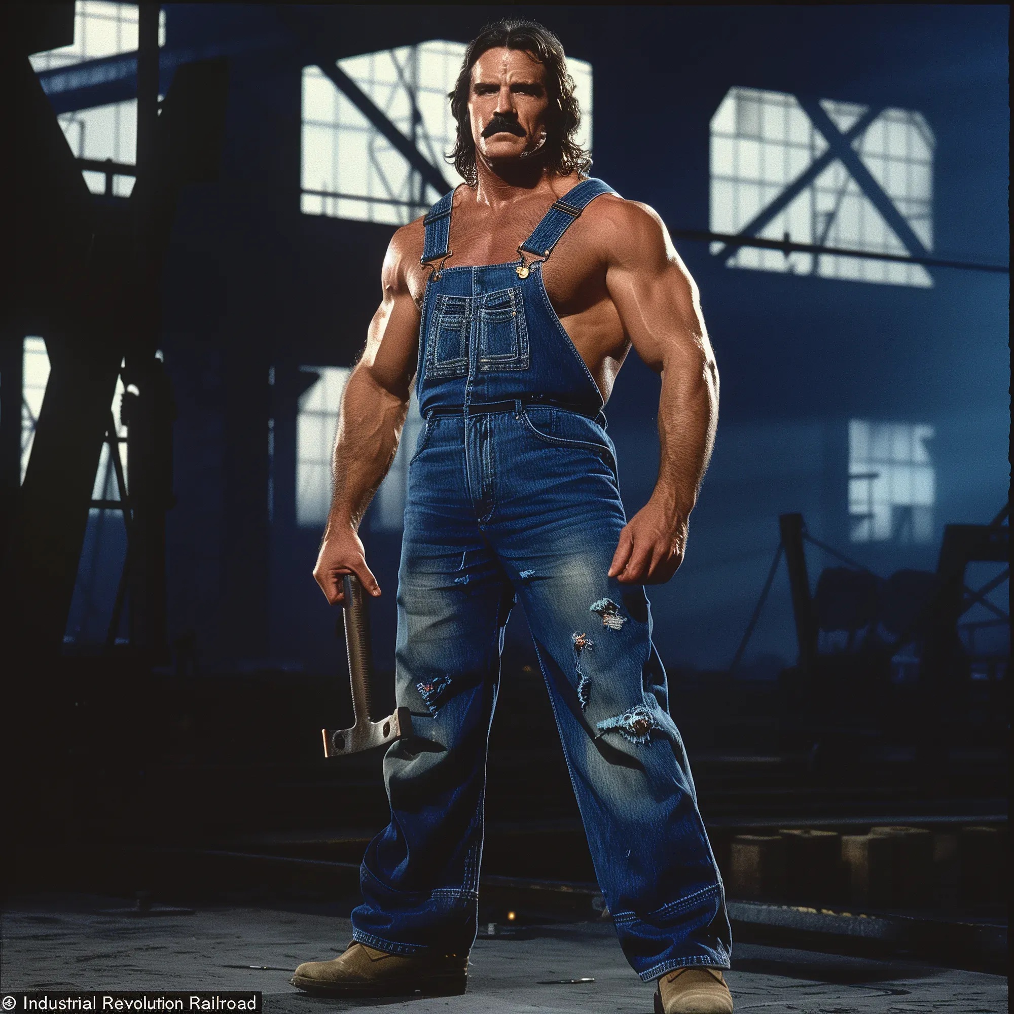"Railroad" Rick Rhodes stands in denim overalls holding a wrench in an industrial warehouse setting, 1980s.