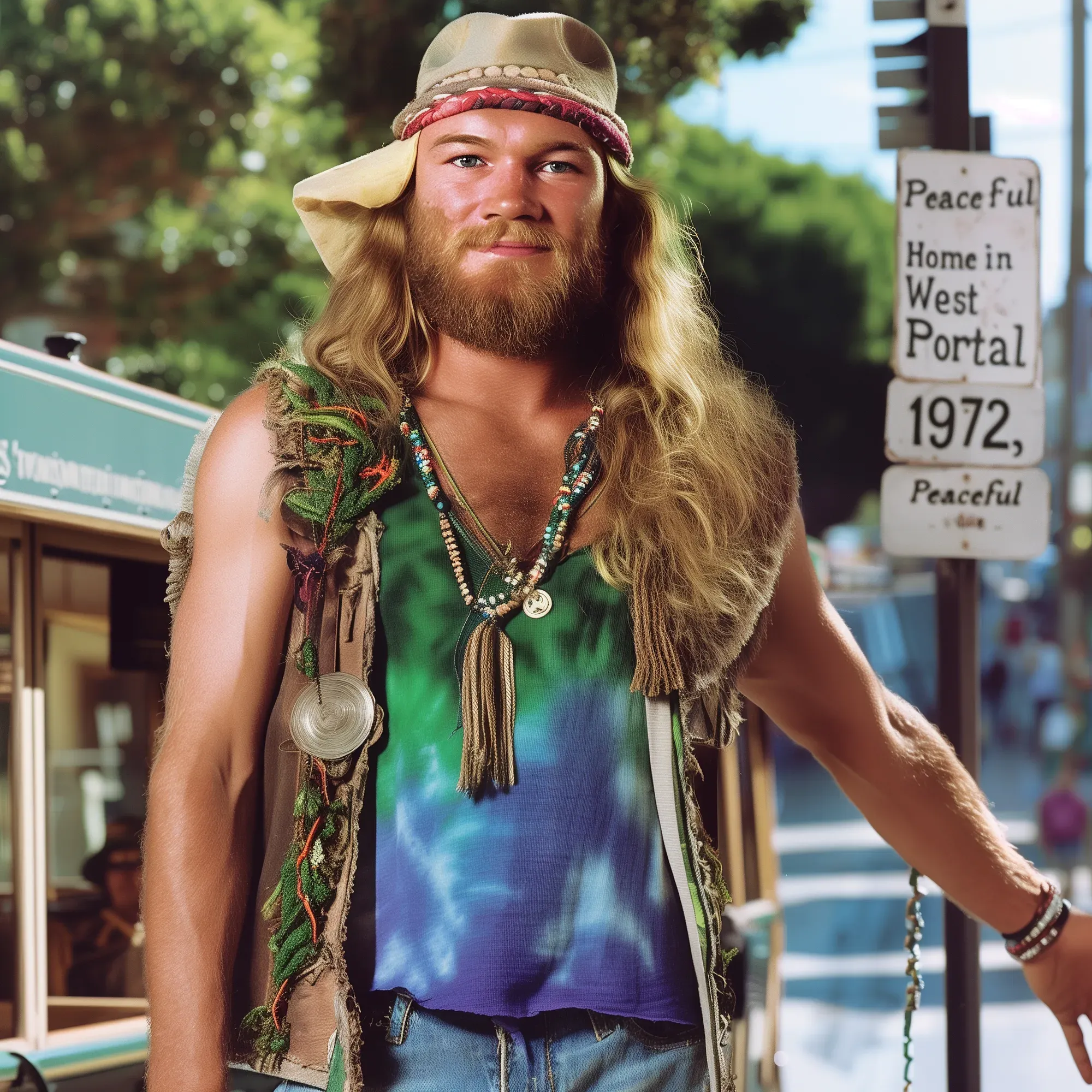 "Peaceful" Pete Donovan stands in West Portal wearing a tie-dye shirt, fringe vest, beaded necklaces, and cowboy hat, circa 1970s.