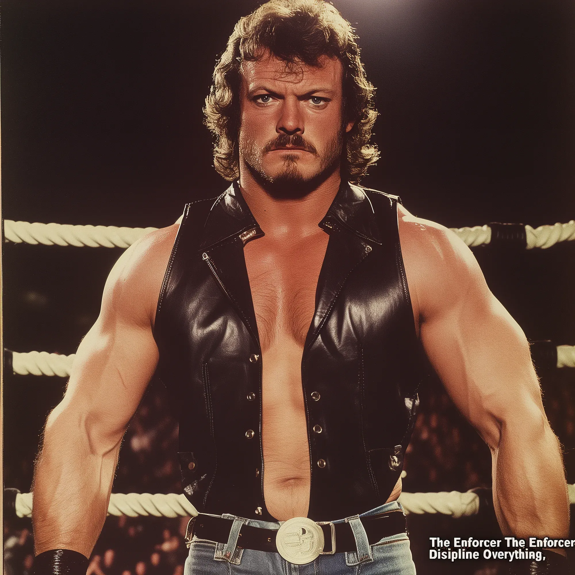 Eddie "The Enforcer" King stands in a wrestling ring wearing a black leather vest and jeans with a large belt buckle, displaying a stern expression.