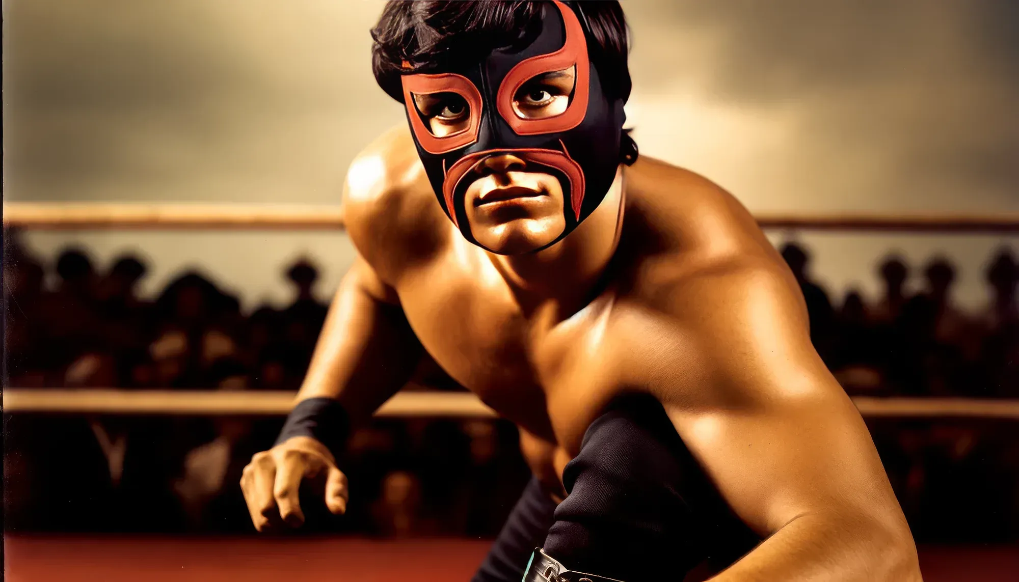 "Raging Bull" Marco Valdez in orange and black mask, shirtless and muscular, crouched in a wrestling ring with crowd in background.