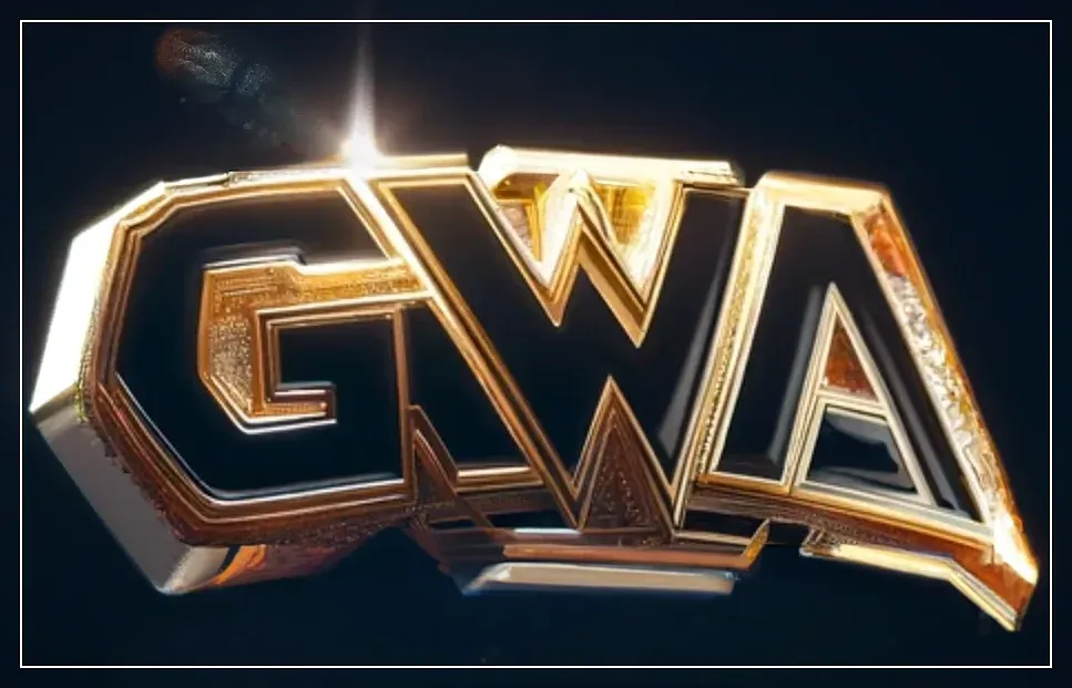 GWA gold and bronze 3D logo with angular lettering against a dark background, brightly lit.