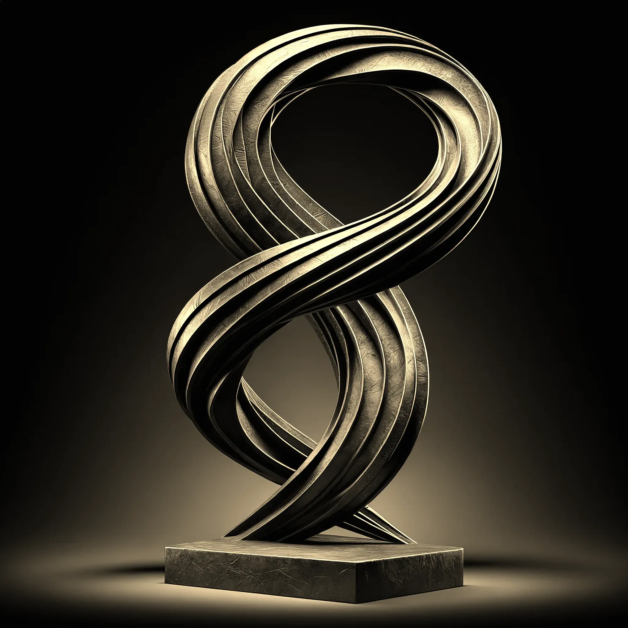 Metallic sculptural figure eight trophy on dark stone base with dramatic lighting against black background.