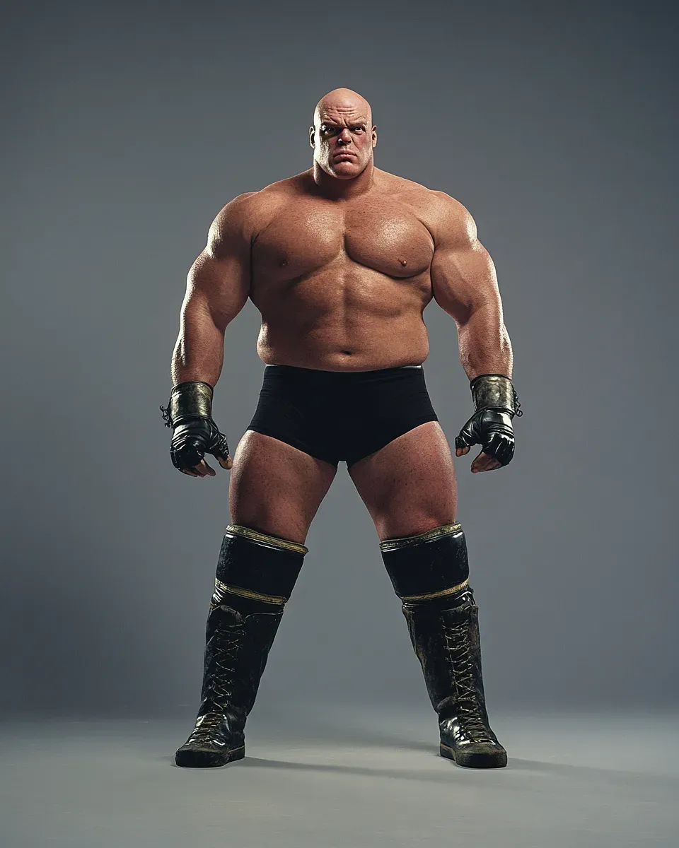 Bald muscular man in black briefs and lace-up boots with leather wrist cuffs stands in wide stance against gray background.