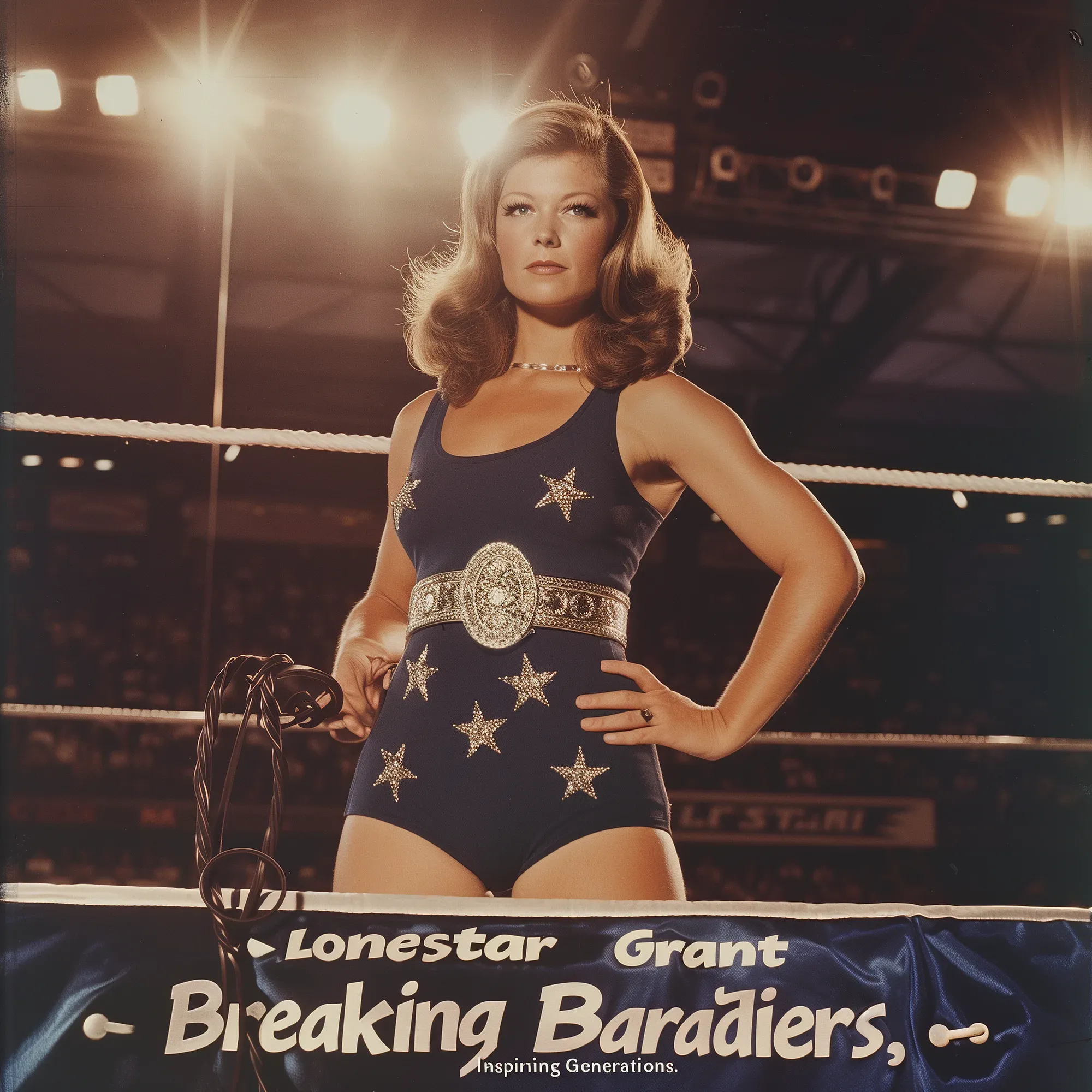 Lonestar Grant stands in a wrestling ring wearing a black star-patterned outfit with an ornate gold belt, holding a whip, with blonde hair and a confident expression.