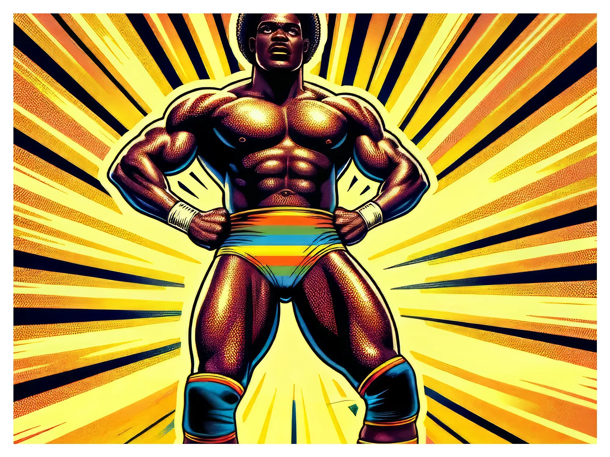 Muscular wrestler in rainbow-striped briefs and wristbands striking a power pose against radiating yellow and orange background.